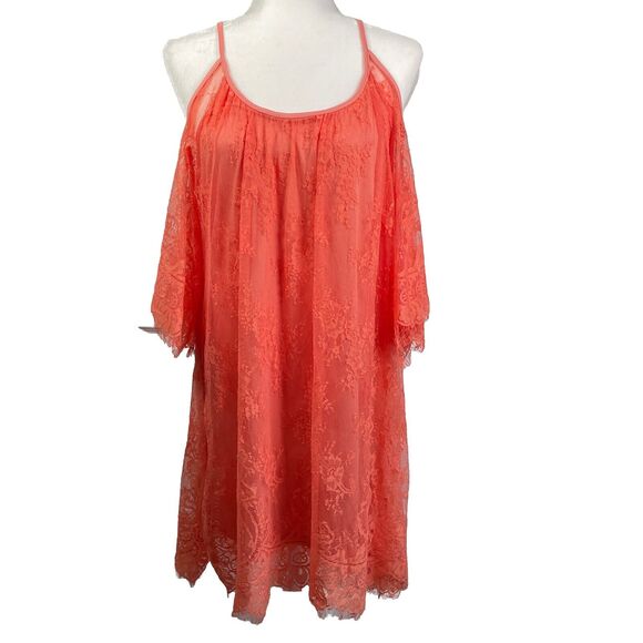 ALYA Francesca’s Orange Lace Lined Dress Size Large Peek Cold Shoulder Fringe - Picture 1 of 9